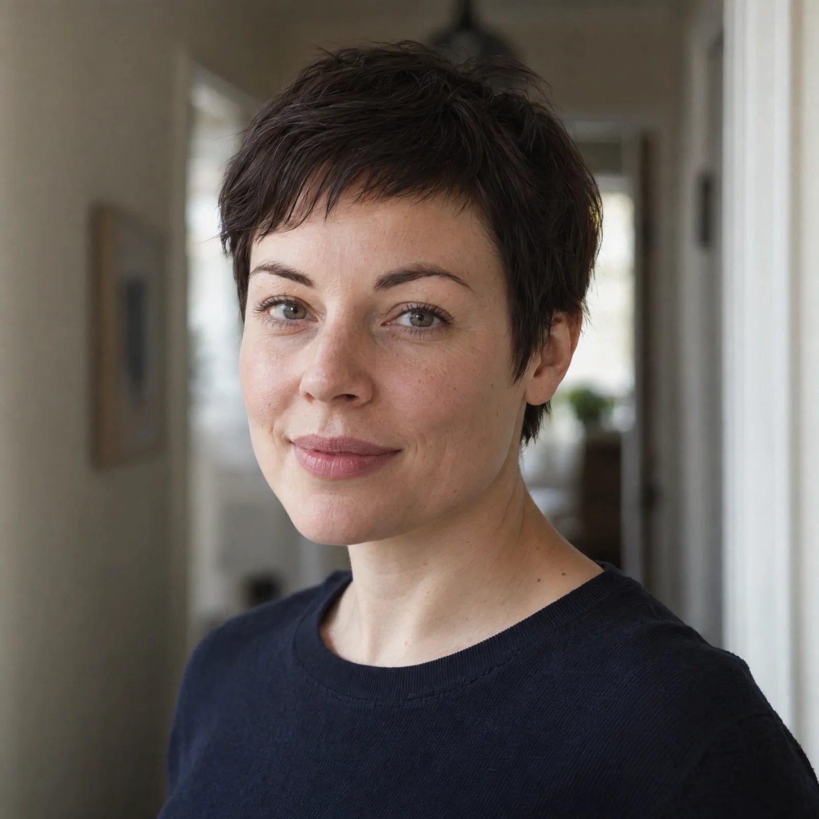 Natural portrait of a woman with a hand near her hair
