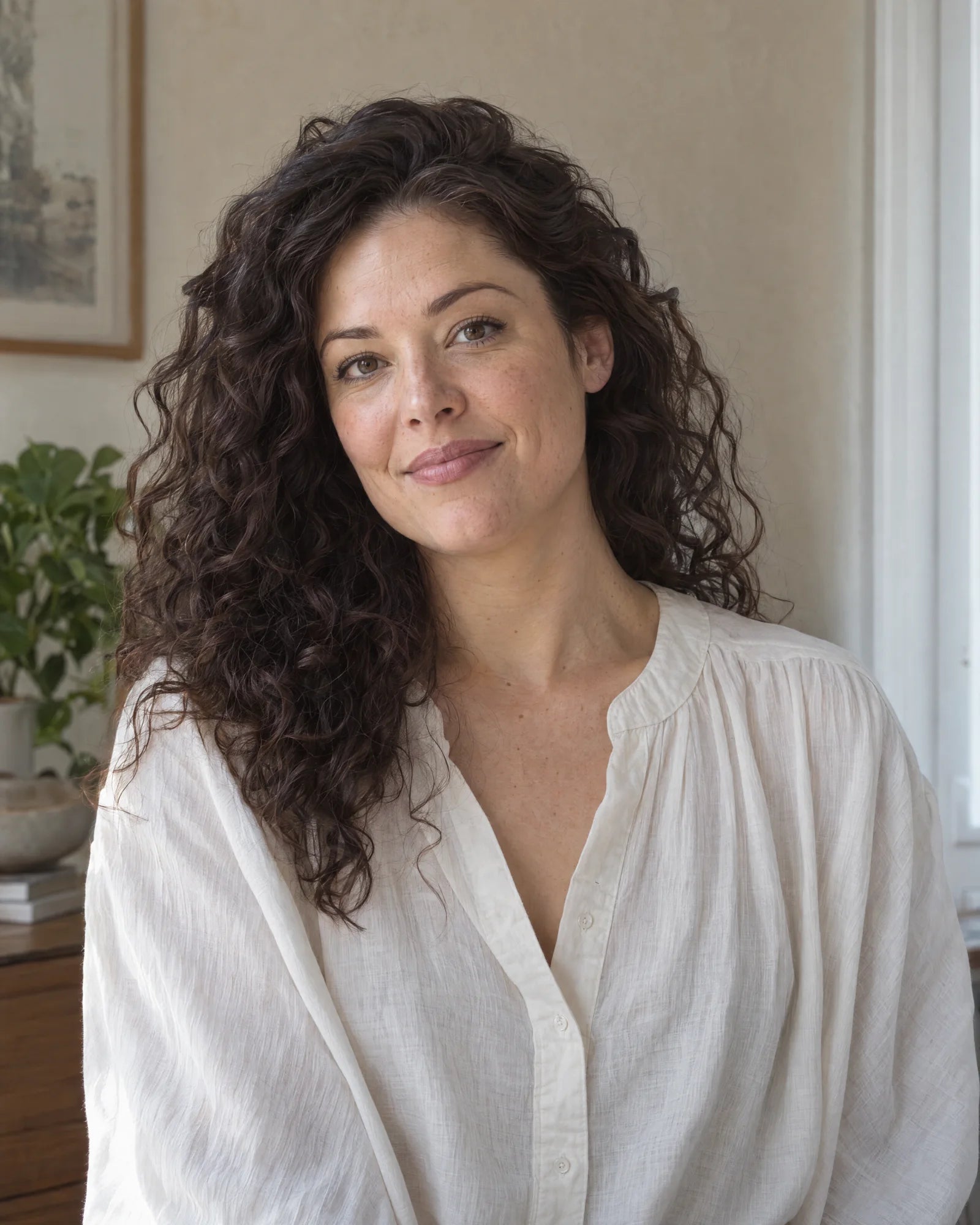 A woman resting her hand on her shoulder in natural light