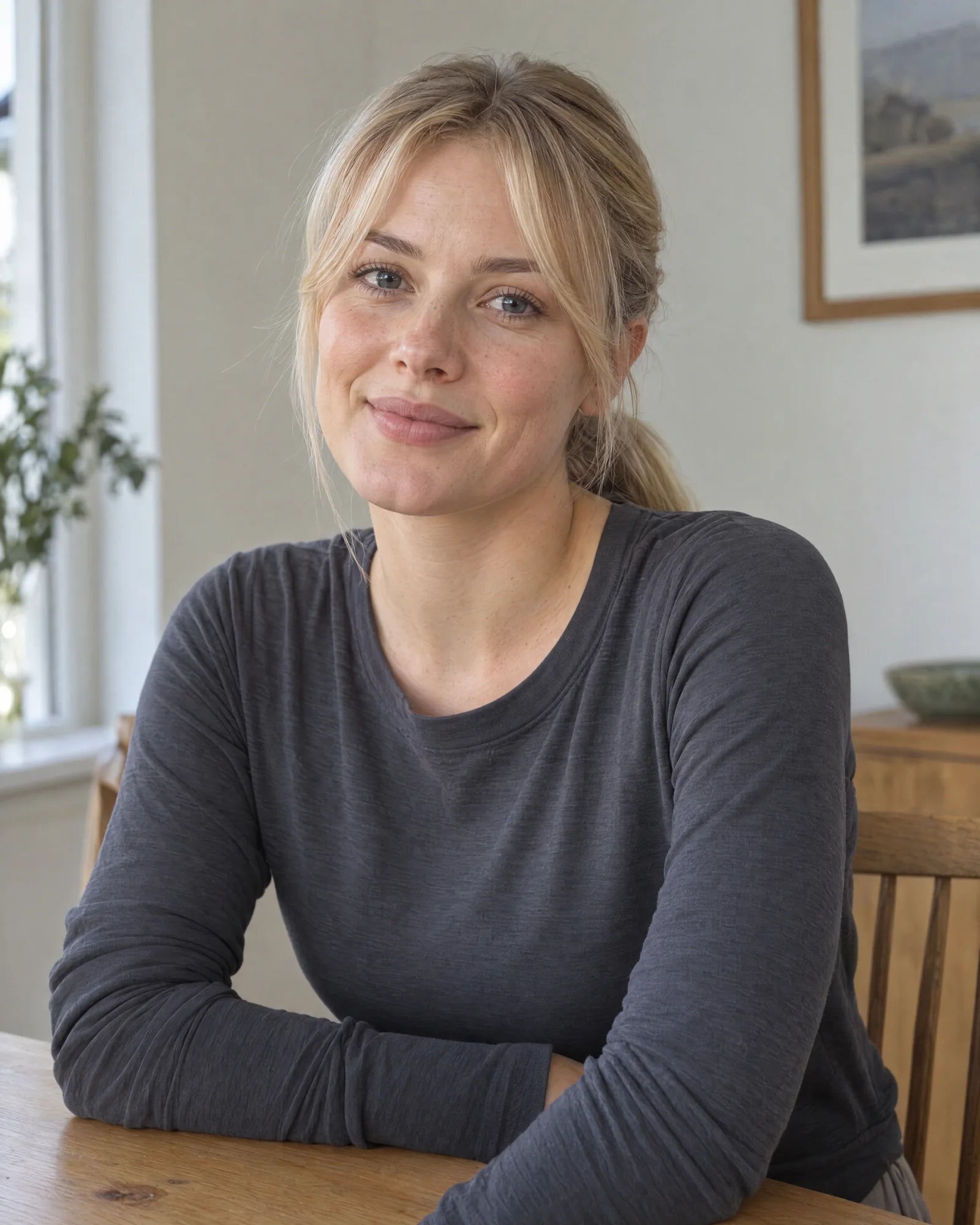 A woman in natural light resting her hand on her shoulder