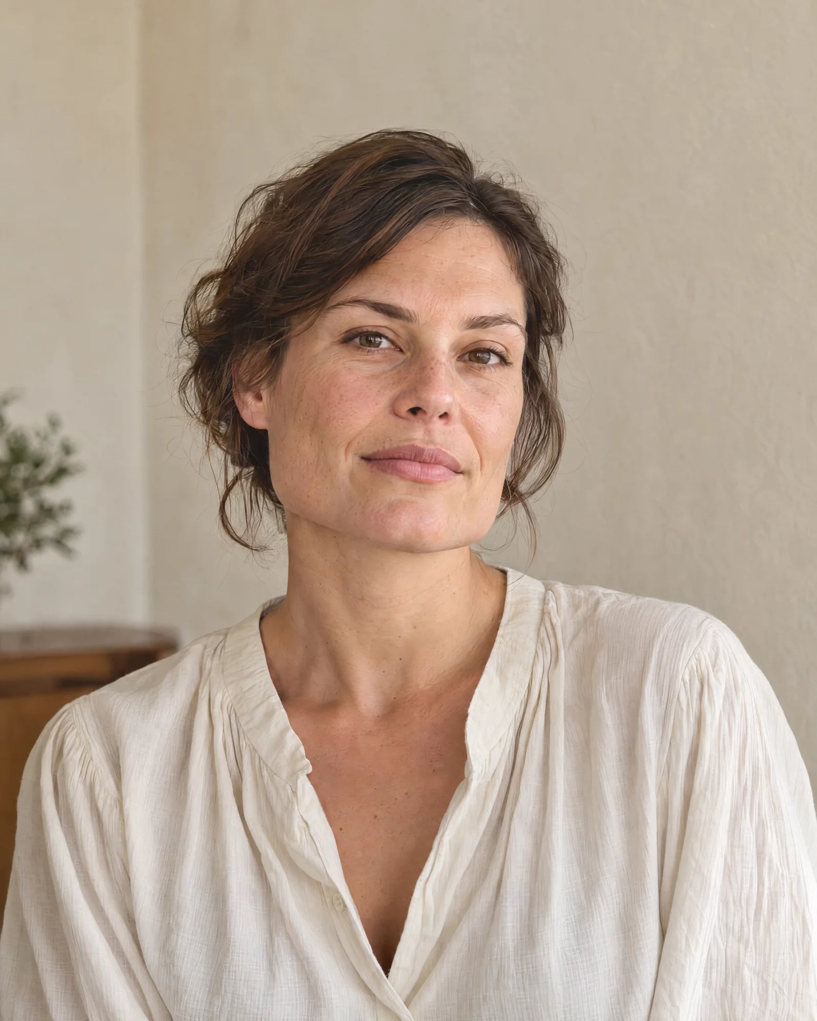 Une femme posant sa main sur son épaule à la lumière naturelle