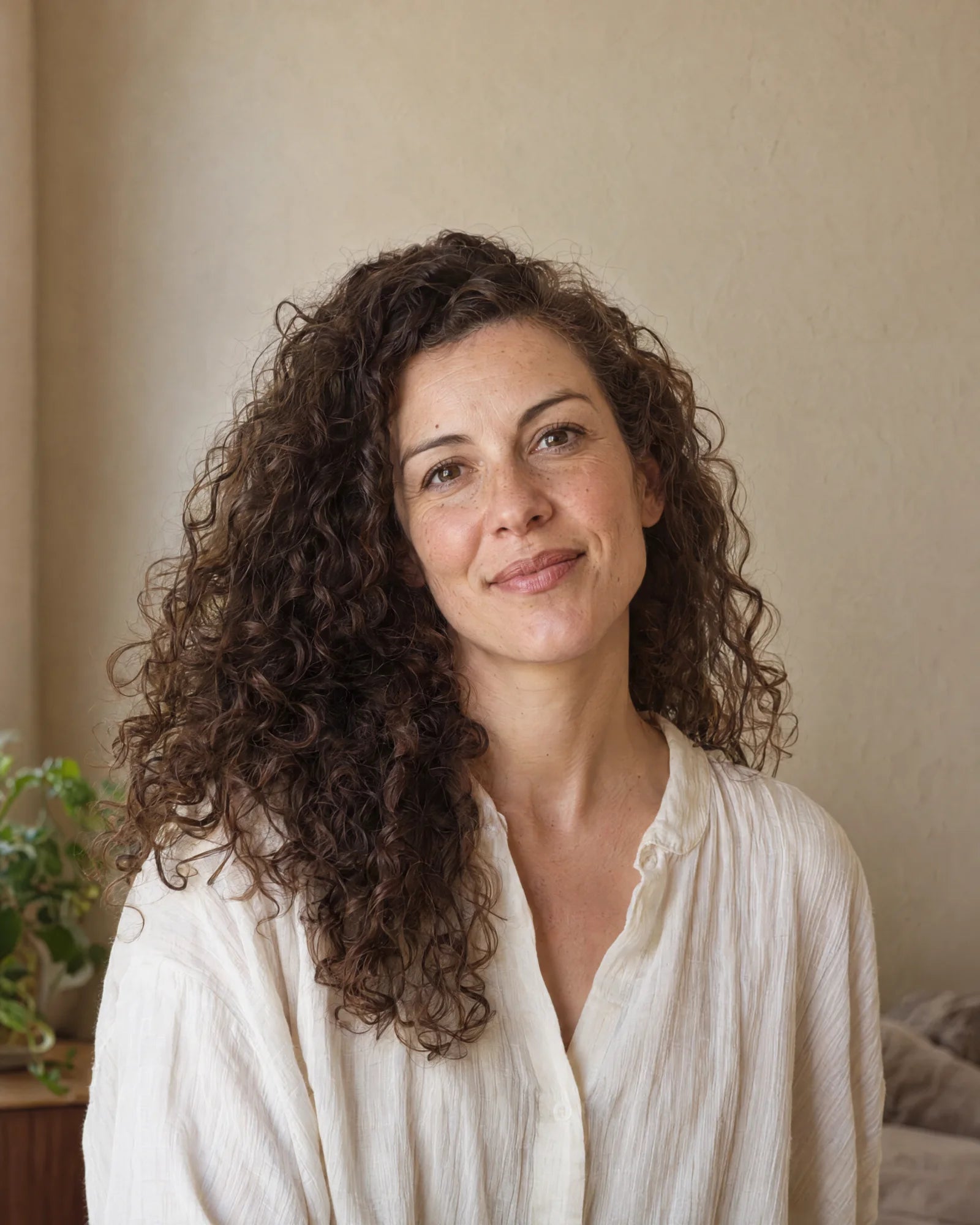 A woman resting her hand on her shoulder in natural light