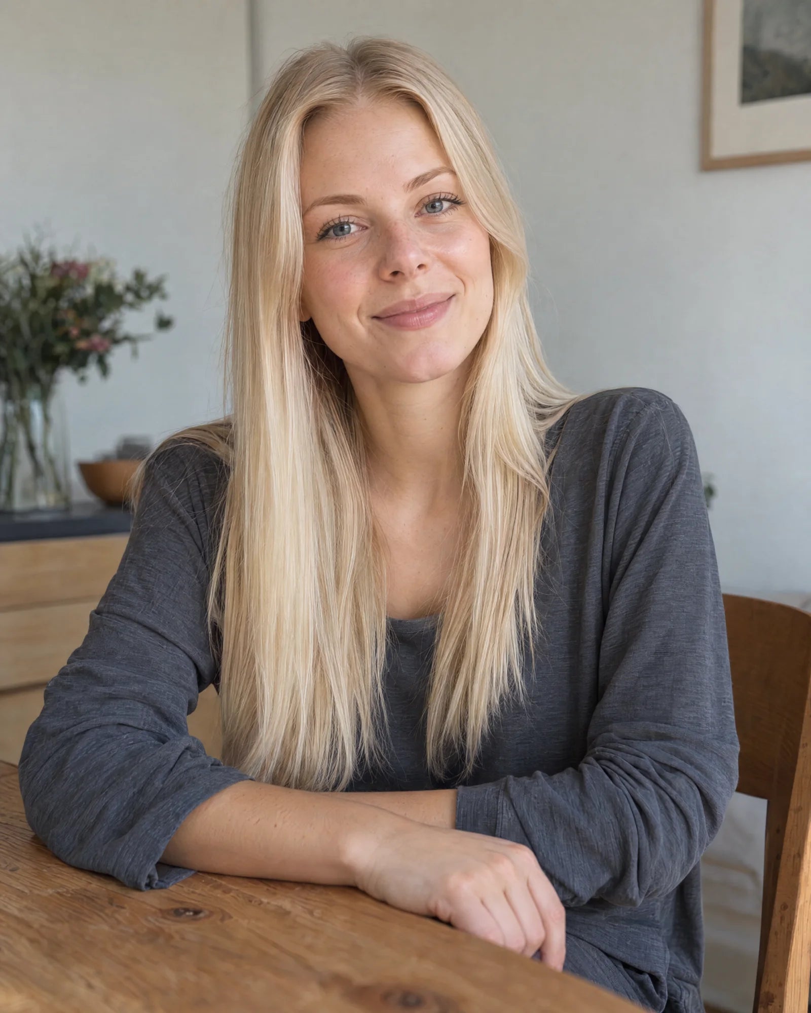 A woman in natural light resting her hand on her shoulder
