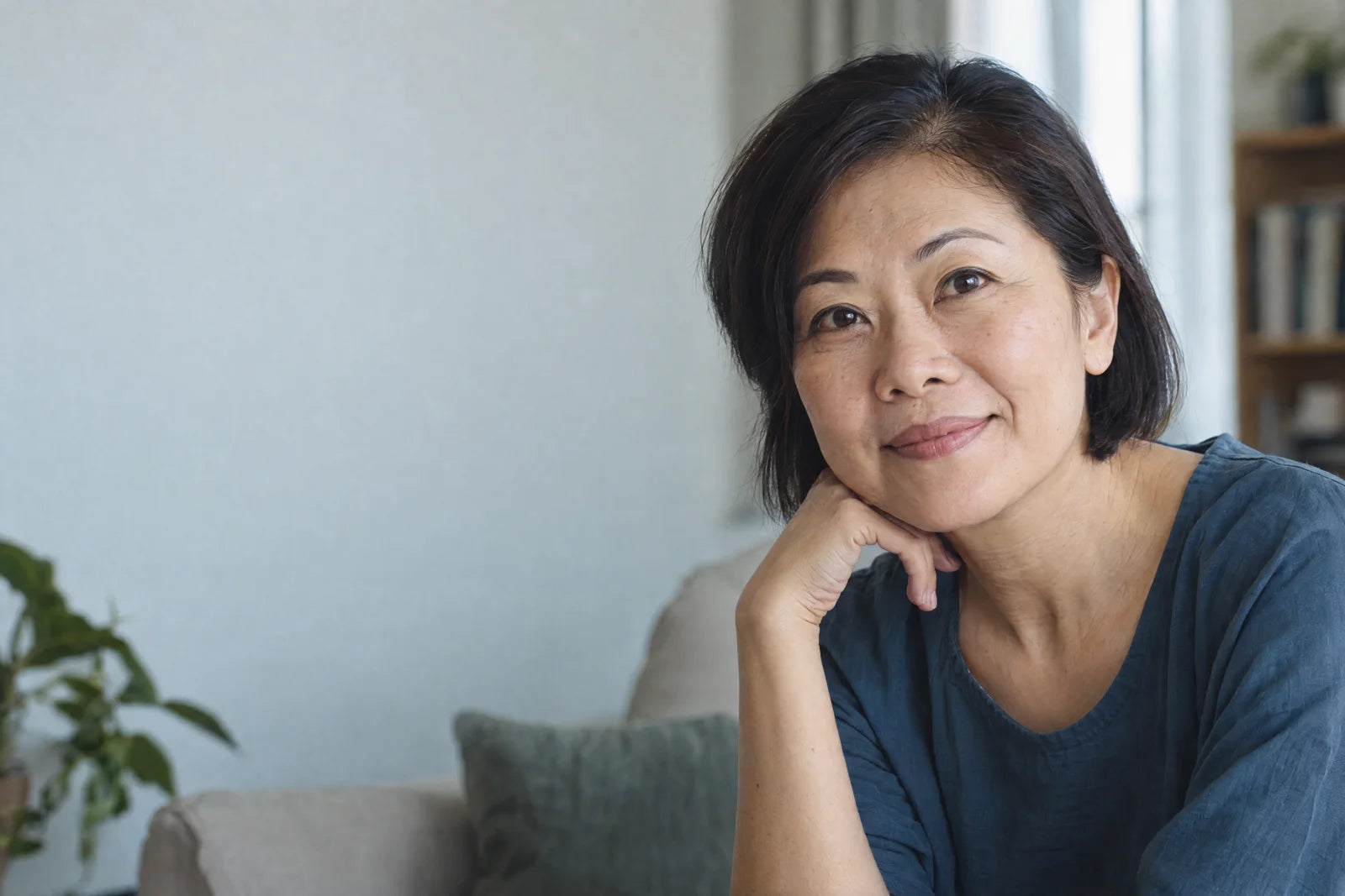 Relaxed portrait with natural skin texture in soft daylight