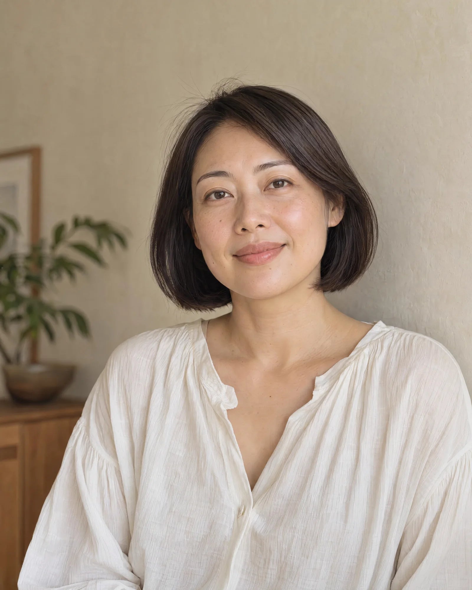 A woman resting her hand on her shoulder in natural light