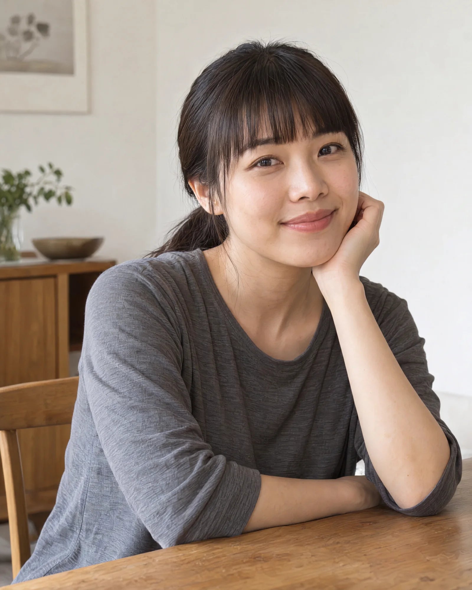 A woman in natural light resting her hand on her shoulder