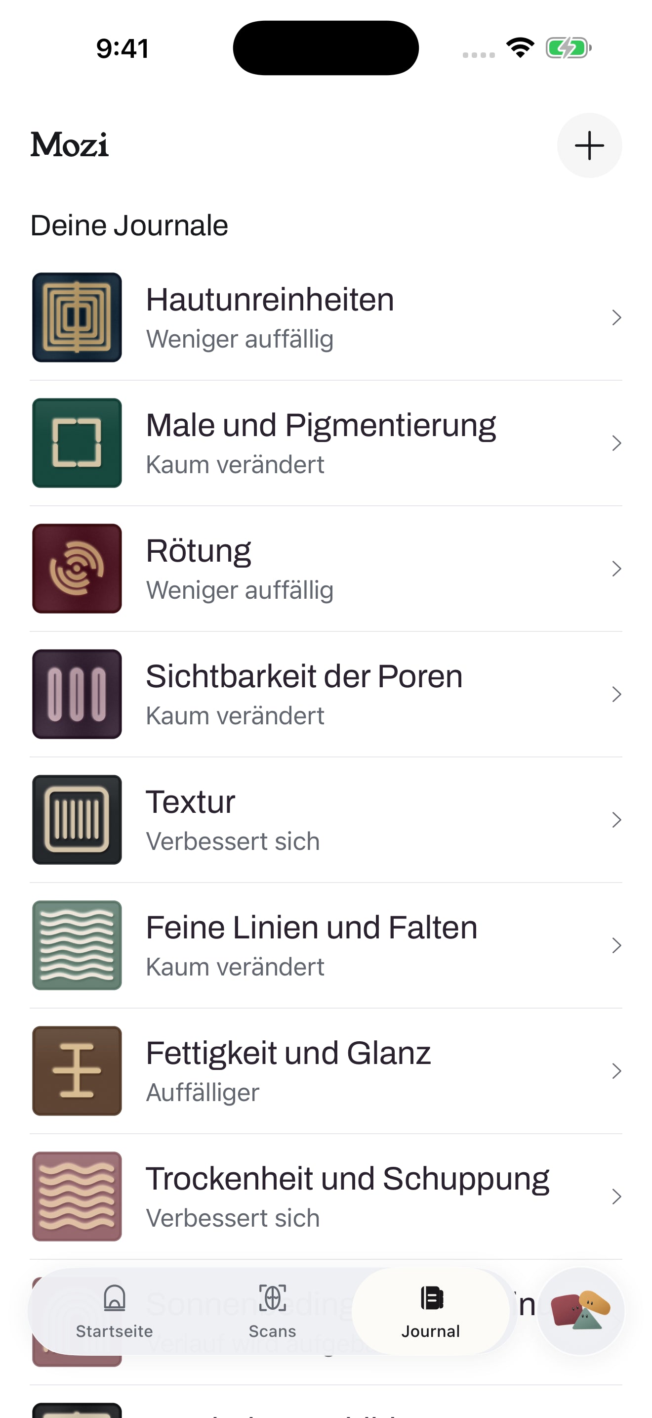 Bildschirm „Hauttagebücher“ in Mozi