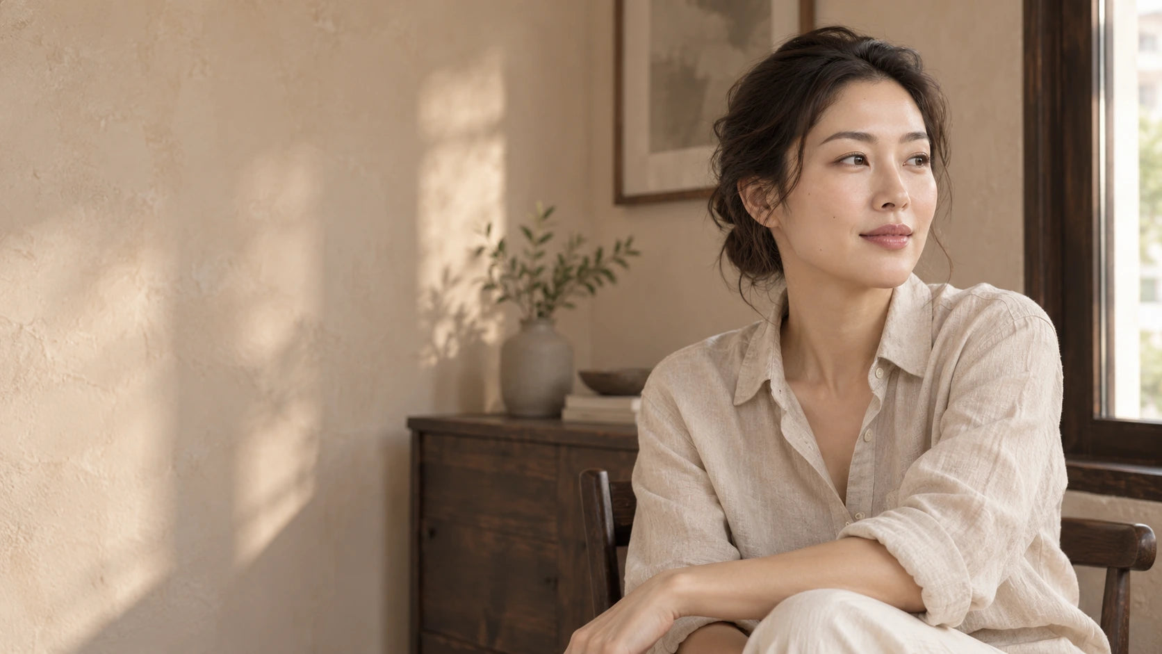 Woman in linen seated beside a window in a warm, sunlit room