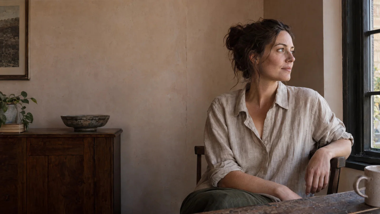 Woman in linen seated beside a window in a warm, sunlit room