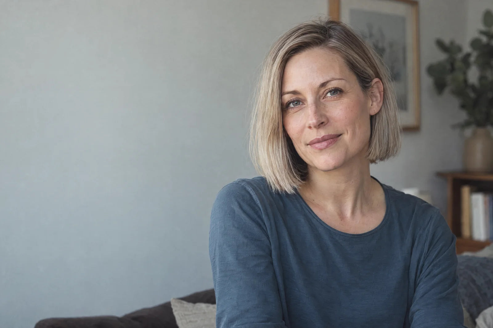 
Relaxed portrait with natural skin texture in soft daylight