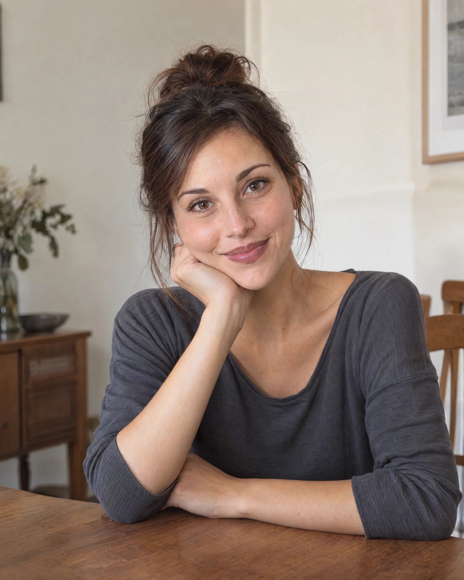 
Une femme à la lumière naturelle posant sa main sur son épaule