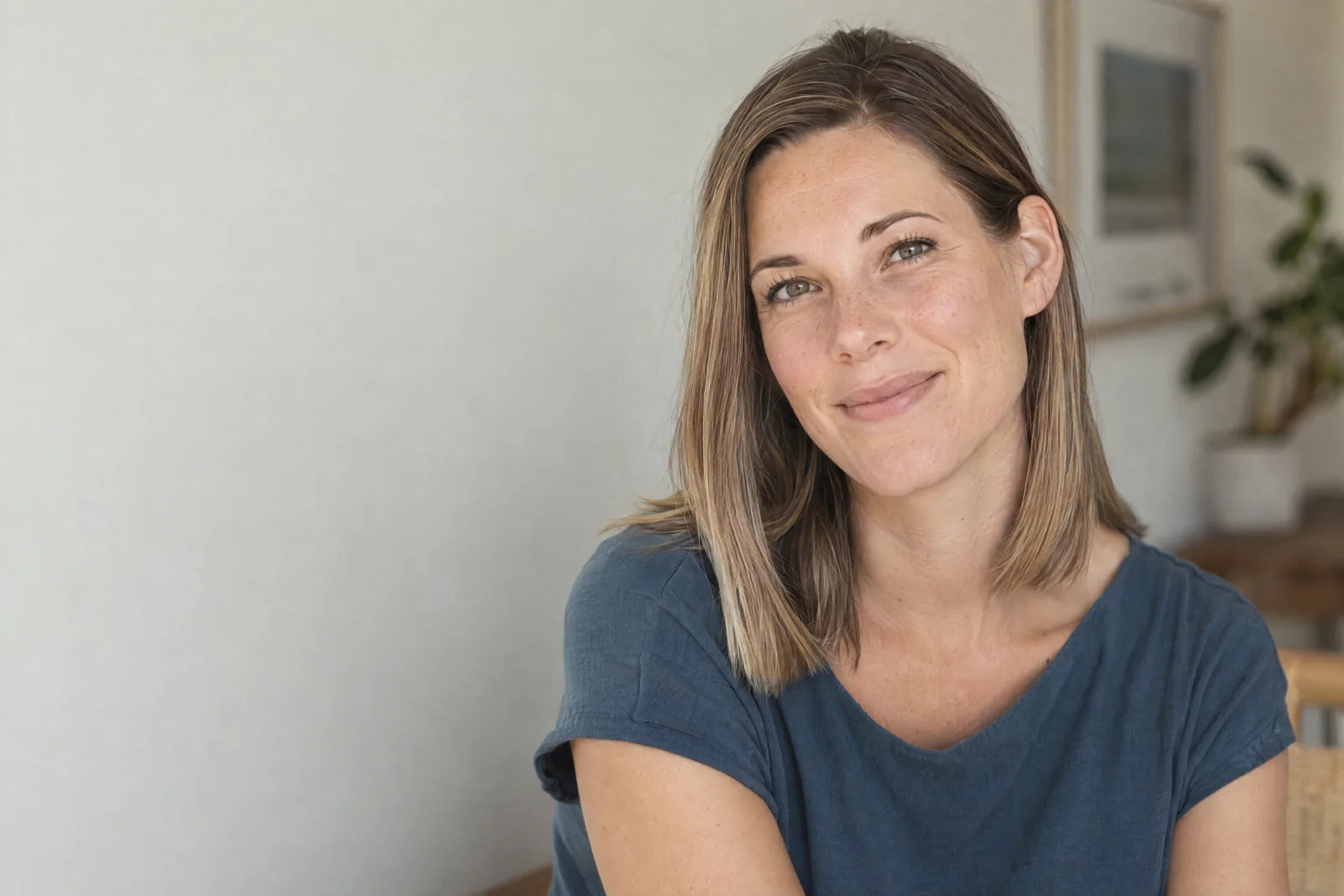 
Relaxed portrait with natural skin texture in soft daylight