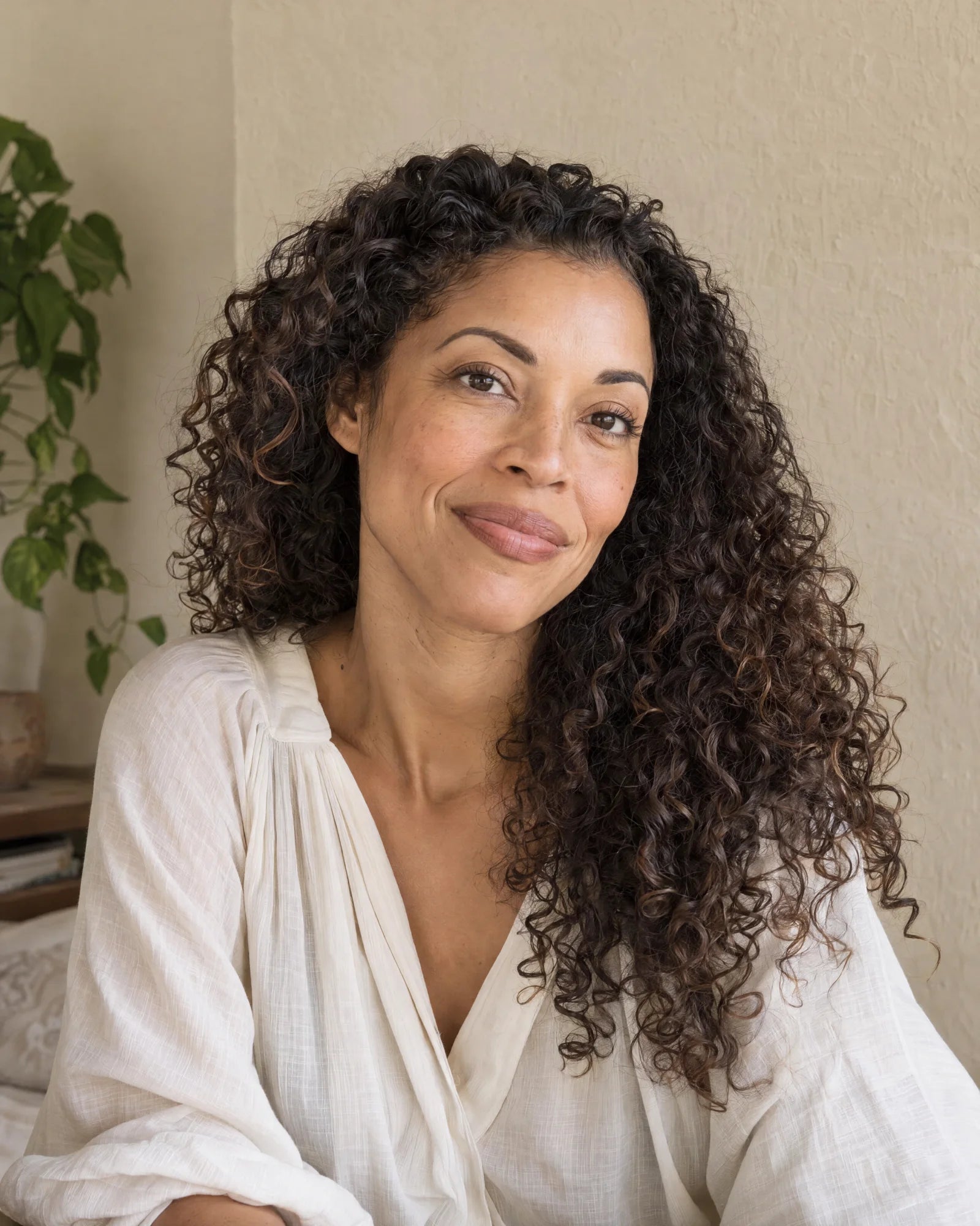 
A woman resting her hand on her shoulder in natural light