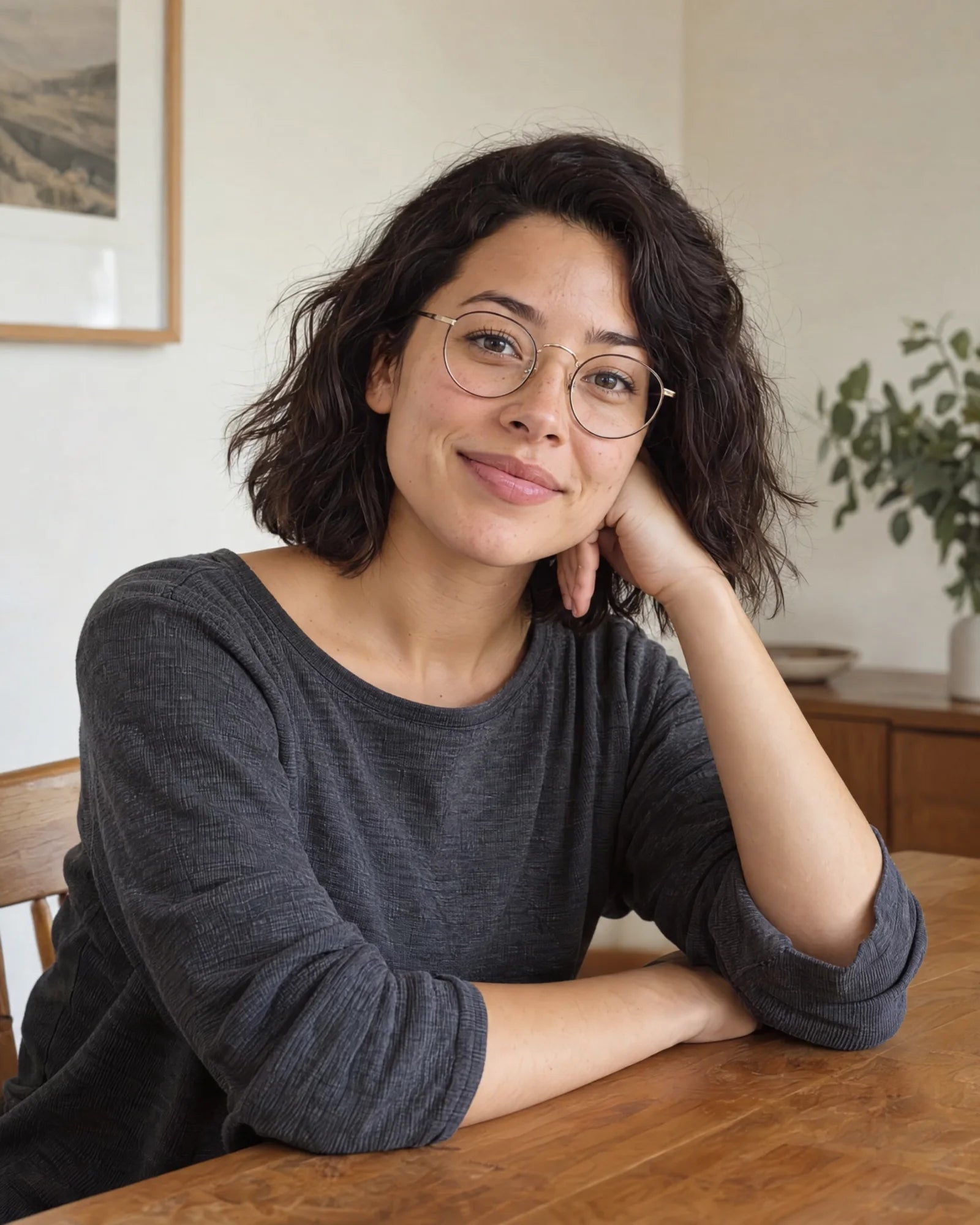 
A woman in natural light resting her hand on her shoulder