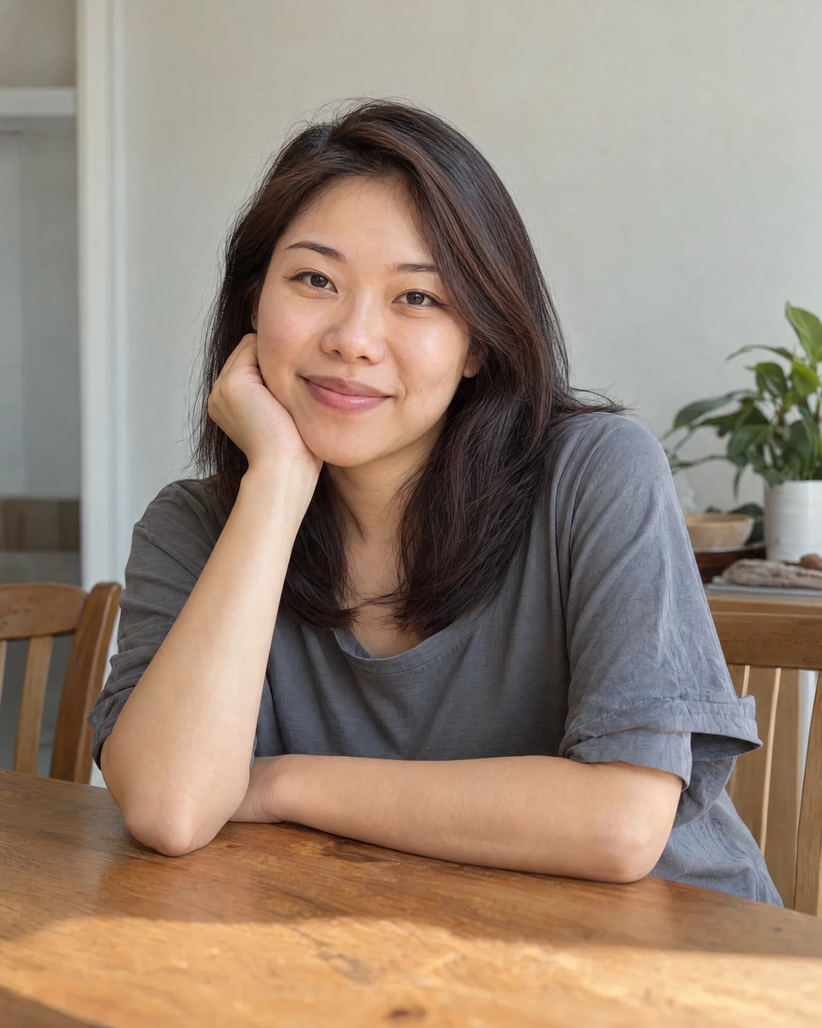 
A woman in natural light resting her hand on her shoulder