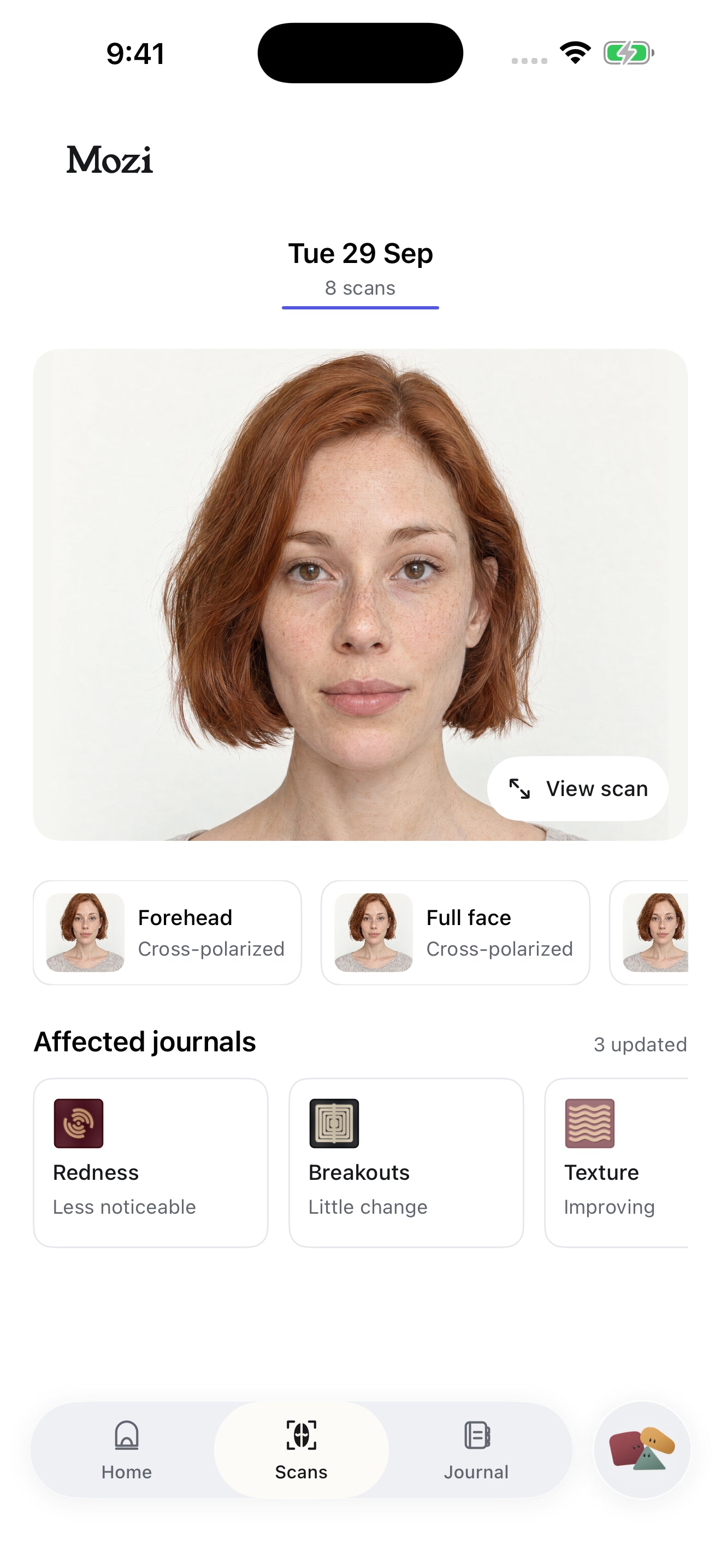 Mozi Scans screen with a selected face area