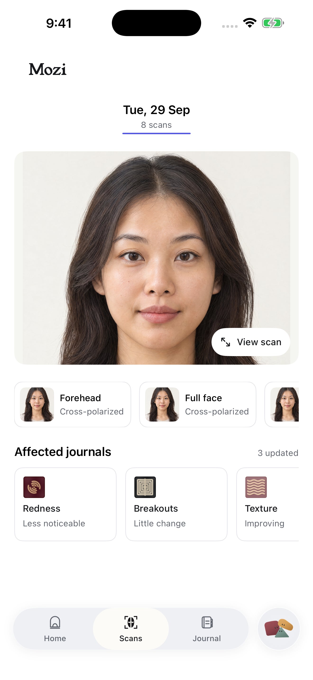 Mozi Scans screen with a selected face area
