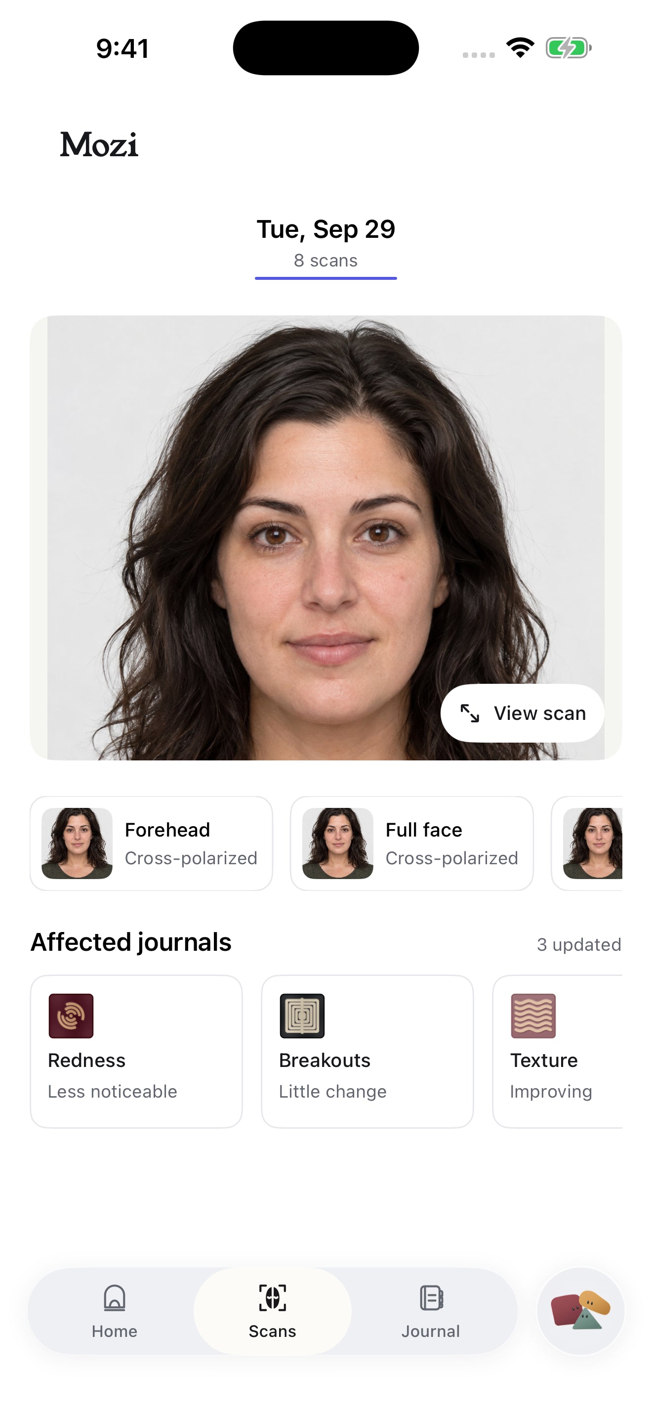 Mozi Scans screen with a selected face area