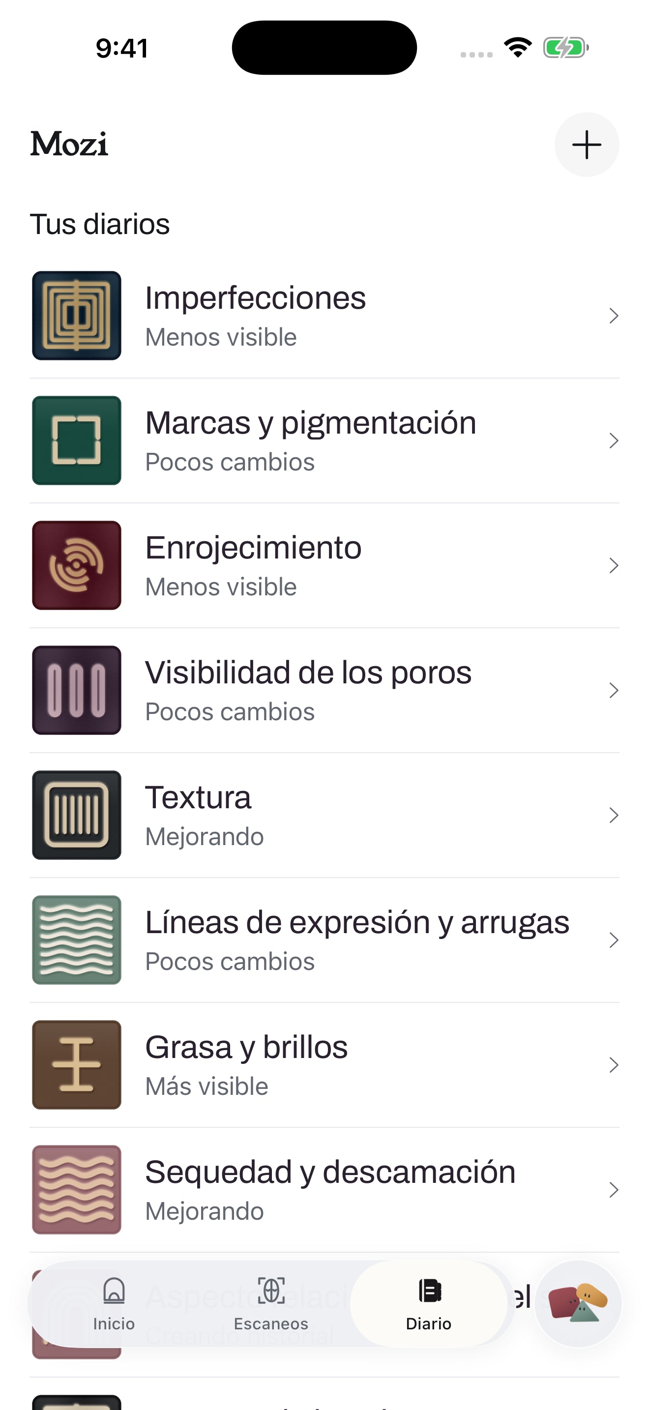 Pantalla de diarios de la piel de Mozi