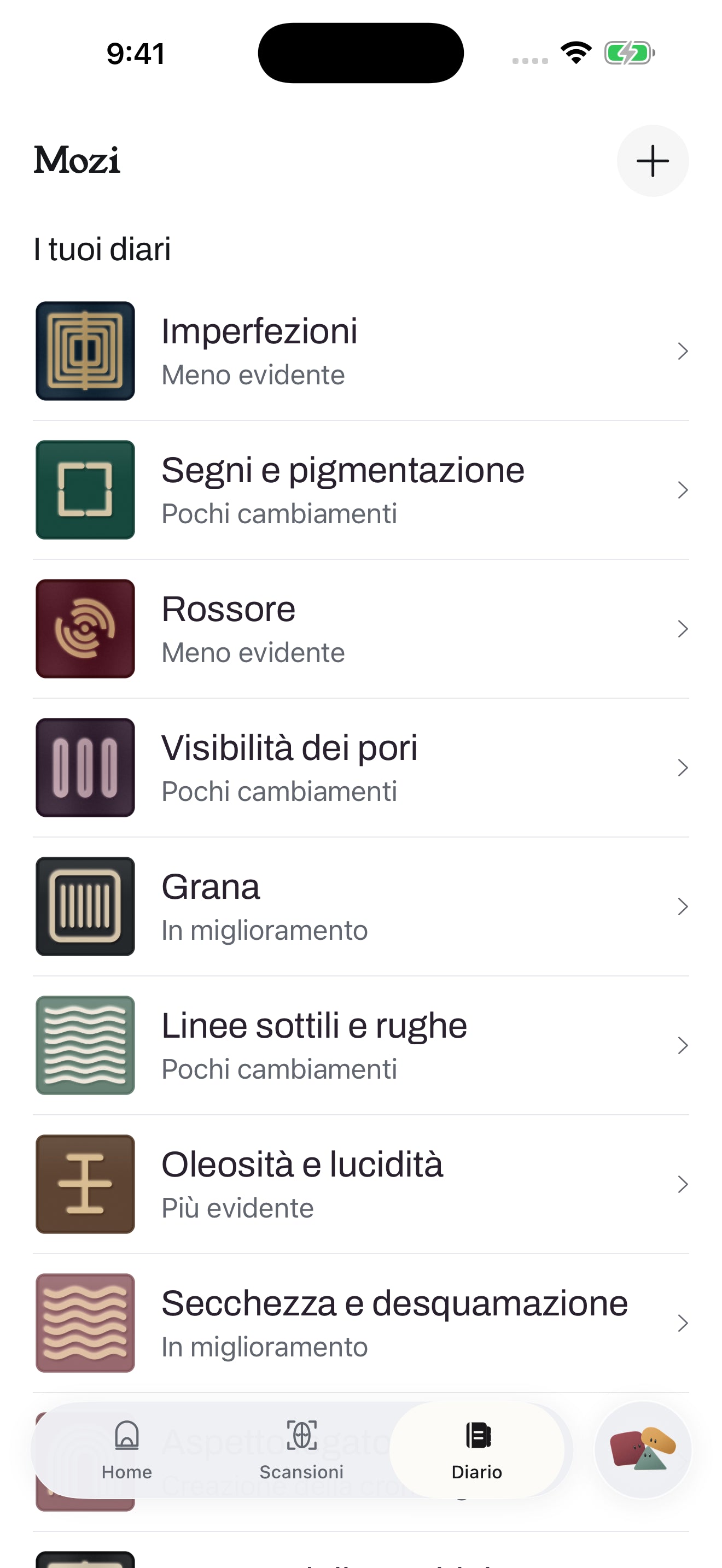 Schermata dei diari della pelle Mozi